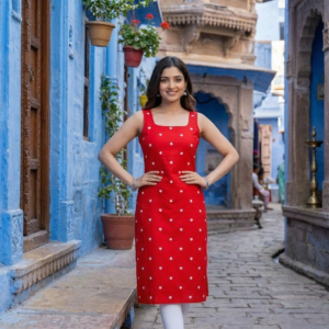 Women’s Red Printed Straight Kurti with White Pants – Elegant Casual & Festive Wear