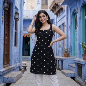 Women’s Black Printed Straight Kurti with White Pants – Minimal & Elegant Daily Wear
