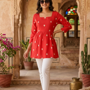 Women’s Red Printed Flared Kurti with White Pants – Stylish Ethnic Casual Wear